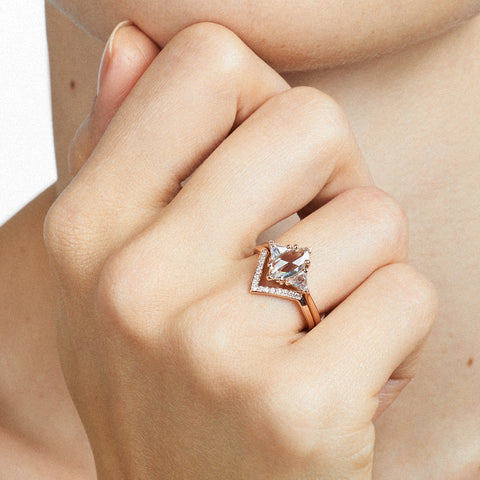 Chevron bea band with marquise white diamond rose cut engagement ring by anna sheffield. Available in Yellow Gold, Rose Gold, White Gold. 3