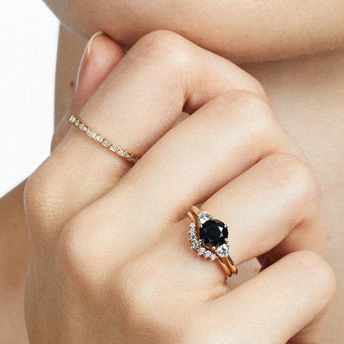 black diamond hazeline engagement ring with luna tiara band and wheat band by anna sheffield made in Yellow Gold, Rose Gold, or White Gold. Available in Rose Gold, Yellow Gold, White Gold.