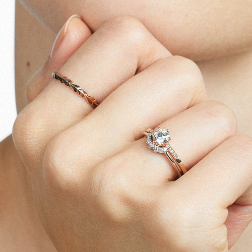 hazeline white diamond engagement ring with wedding bands by anna sheffield. Available in Yellow Gold, Rose Gold, White Gold.
