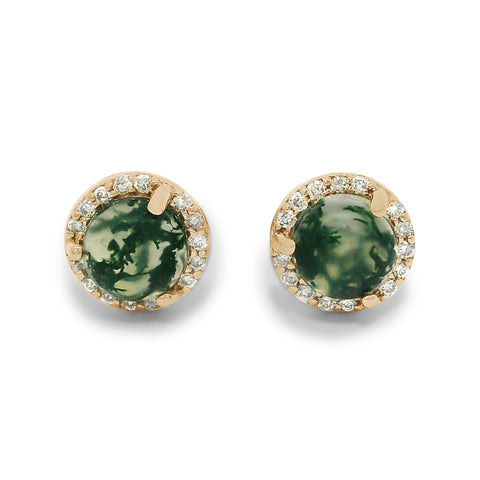 Two moss agate cabochon studs set in white diamond halos in yellow gold