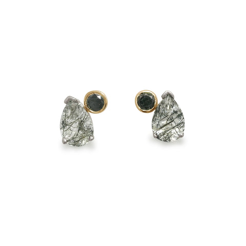 Pair of silver stud toi et moi earrings with black rutile quartz gemstones and round black diamonds on a white background