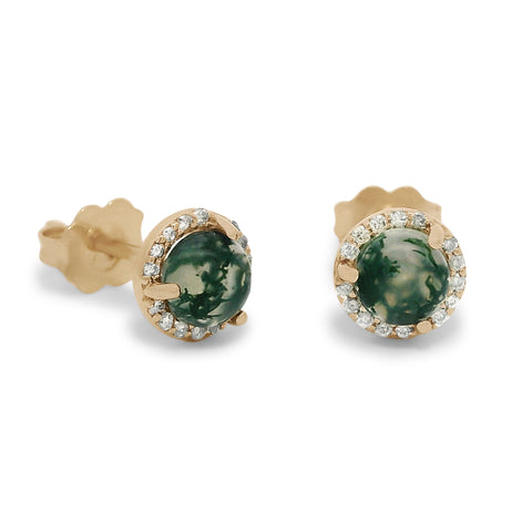 Two moss agate cabochon studs set in white diamond halos in yellow gold 2