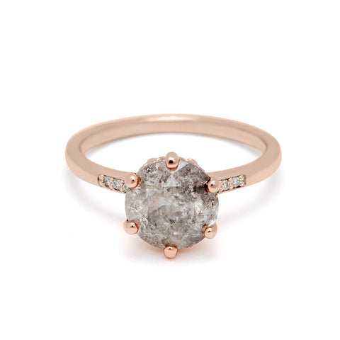 A solitaire ring with a 2.00ct round galaxy grey diamond with white diamond pave on either side set in rose gold., Rose Gold 7