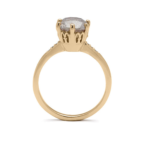 Side view of a solitaire ring with a 2.00ct round galaxy grey diamond with white diamond pave on either side set in yellow gold., Yellow Gold 8