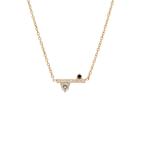A straight line of white diamond pave with grey and black diamond accent stones on either side set in a yellow gold necklace chain., Yellow Gold
