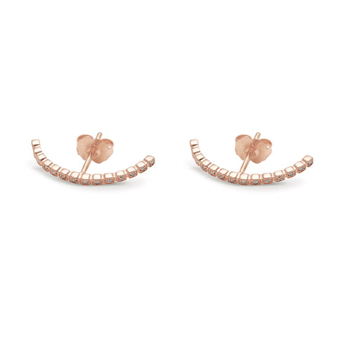 A pair of grey diamond dusted curve earrings set in rose gold both earrings on their side., Rose Gold 4