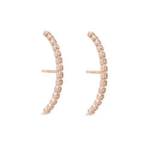 A pair of grey diamond dusted curve earrings set in rose gold both earrings angled., Rose Gold