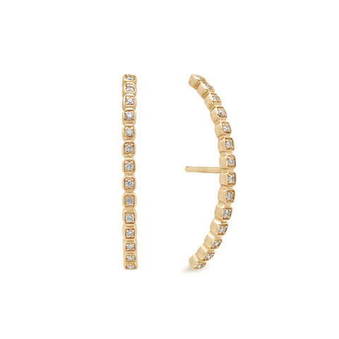 A pair of grey diamond dusted curve earrings set in yellow gold one earring angled., Yellow Gold 6