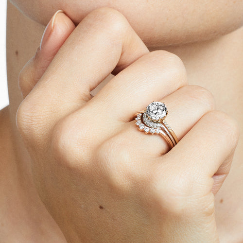 hazeline solitaire ring with white diamond with wedding bands by anna sheffield in Yellow Gold, Rose Gold, and White Gold.