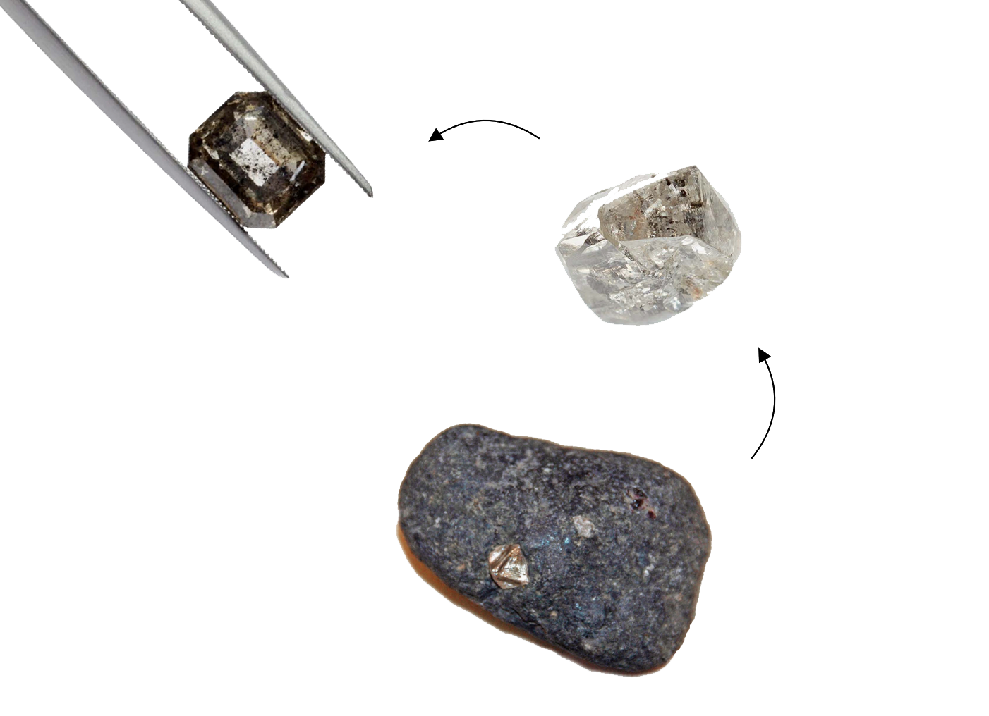 A diagram of 3 polishing stages of a grey diamond, from a raw uncut stone to a perfectly polished cushion cut grey diamond between tweezers. 