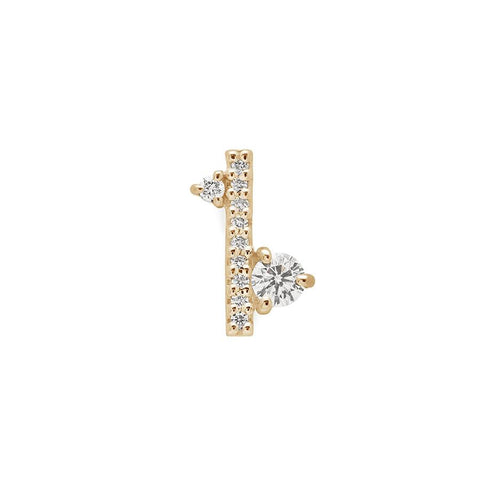 Angled view of a single earring with a straight line of white diamond pave with white diamond accent stones on either side set in a yellow gold., Yellow Gold 4