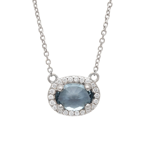 A necklace with an oval shape grey spinel center stone surrounded by a white diamond pave halo set in white gold on a white gold chain., White Gold 3