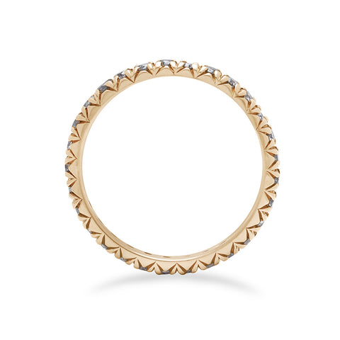 Side view of a yellow gold band with an eternity of round grey diamond stones. 4