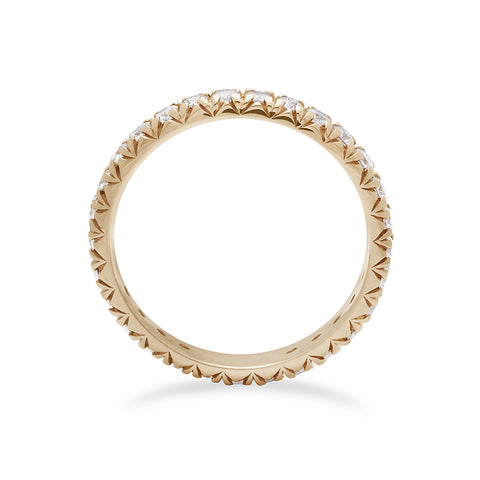 Side view of a yellow gold band with an eternity of round white diamond stones. 2