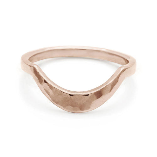 A solid gold tapered band with a hammered finish set in rose gold., Rose Gold