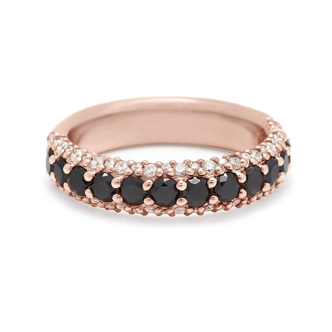 A band with round black diamonds in a 3/4 pave around a rose gold band with white diamond accents on both top and bottom., Rose Gold