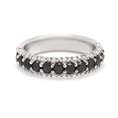 A band with round black diamonds in a 3/4 pave around a white gold band with white diamond accents on both top and bottom., White Gold 4