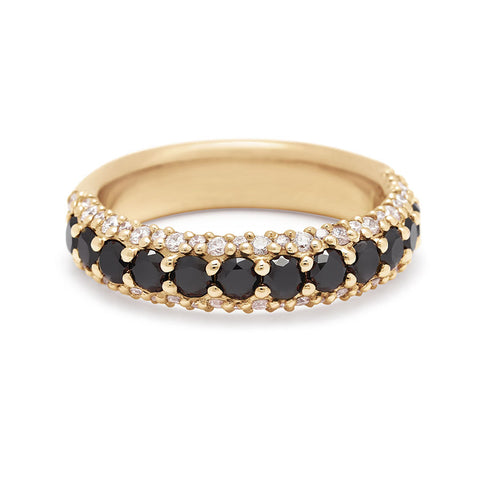 A band with round black diamonds in a 3/4 pave around a yellow gold band with white diamond accents on both top and bottom., Yellow Gold 3