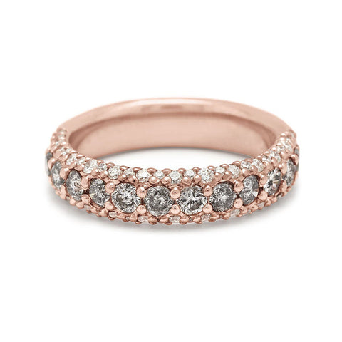 A band with round grey diamonds in a 3/4 pave around a rose gold band with white diamond accents on both top and bottom., Rose Gold 3