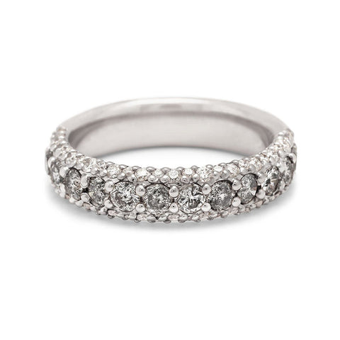 A band with round grey diamonds in a 3/4 pave around a white gold band with white diamond accents on both top and bottom., White Gold 4