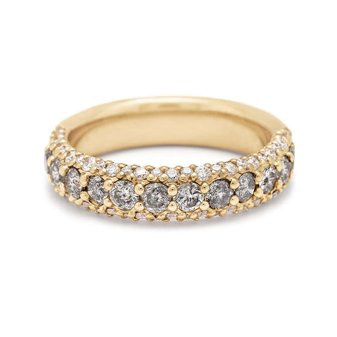 A band with round grey diamonds in a 3/4 pave around a yellow gold band with white diamond accents on both top and bottom., Yellow Gold