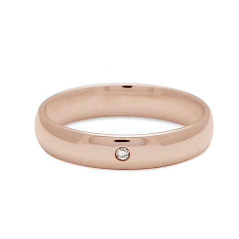 A 4mm classic round band with white diamond accent stone set in rose gold., Rose Gold 3