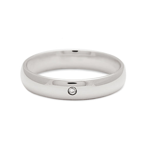 A 4mm classic round band with white diamond accent stone set in white gold., White Gold, Platinum 2