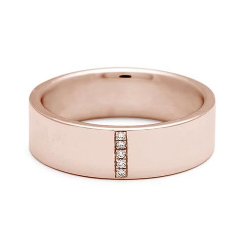 A flat band with a line of round white diamond set in rose gold., Rose Gold 3
