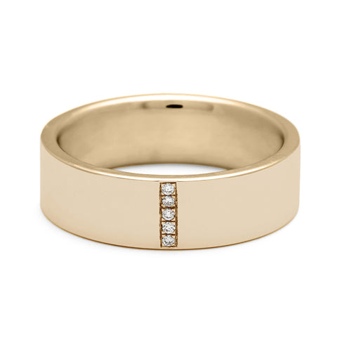 A flat band with a line of round white diamond set in yellow gold., Yellow Gold 2