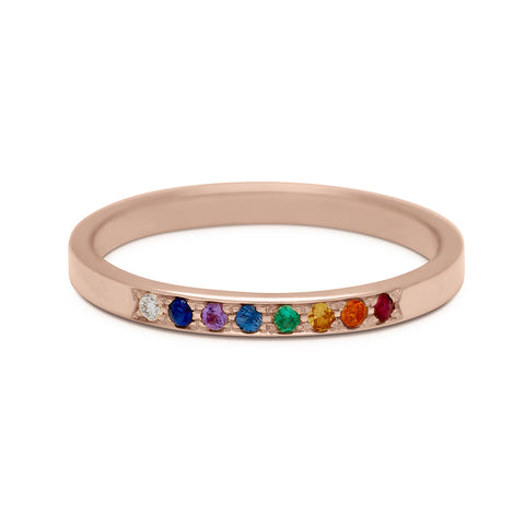 A flat band with 8 rainbow gemstones set in the center in rose gold., Rose Gold