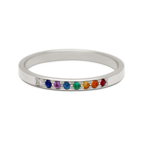 A flat band with 8 rainbow gemstones set in the center in white gold., White Gold 3