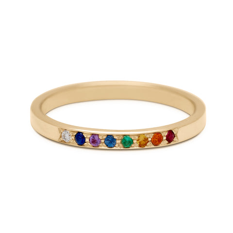 A flat band with 8 rainbow gemstones set in the center in yellow gold., Yellow Gold 2