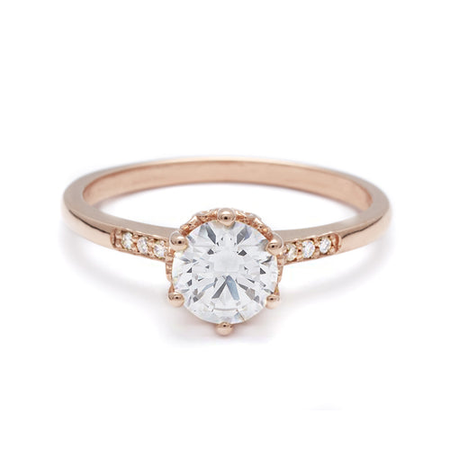 A solitaire ring with a round brilliant cut 0.75ct white diamond with white diamond pave on either side set in rose gold., Rose Gold