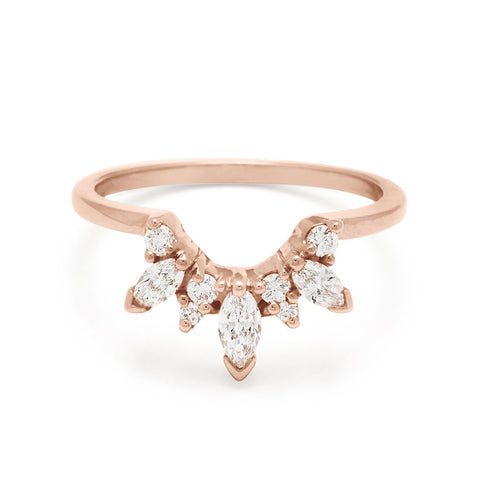 A band with three marquise shaped white diamonds with round white diamond set in rose gold., Rose Gold 5
