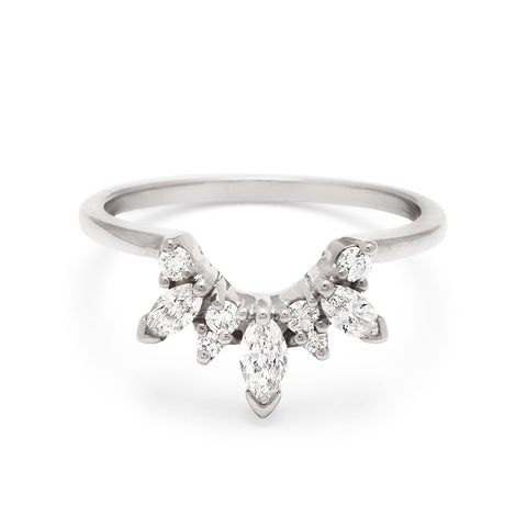 A band with three marquise shaped white diamonds with round white diamond set in white gold., White Gold 6