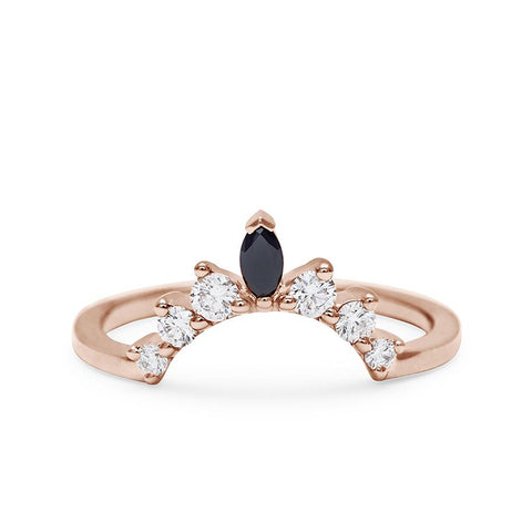 A curved band with three round white diamonds on either side of a marquise black diamond set in rose gold., Rose Gold 2