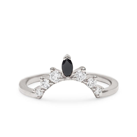 A curved band with three round white diamonds on either side of a marquise black diamond set in white gold., White Gold 3