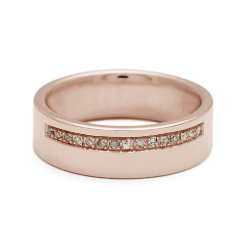 A 6mm flat band with a line of grey diamonds set in rose gold., Rose Gold 3