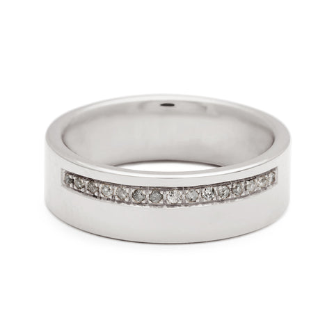 A 6mm flat band with a line of grey diamonds set in white gold., White Gold 2
