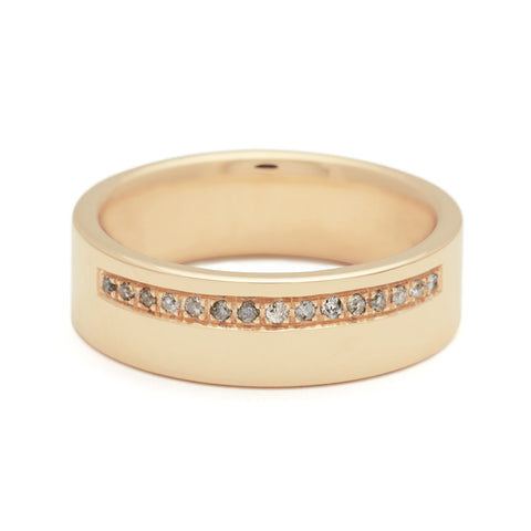 A 6mm flat band with a line of grey diamonds set in yellow gold., Yellow Gold