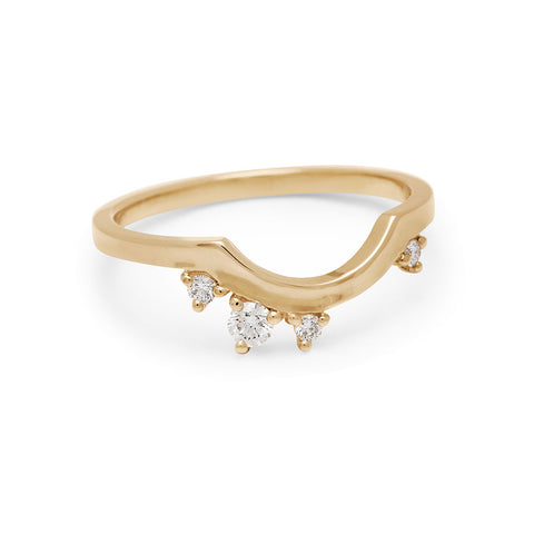 Angled view a solid gold band with asymetrical white diamond accent stones set in yellow gold., Yellow Gold 3