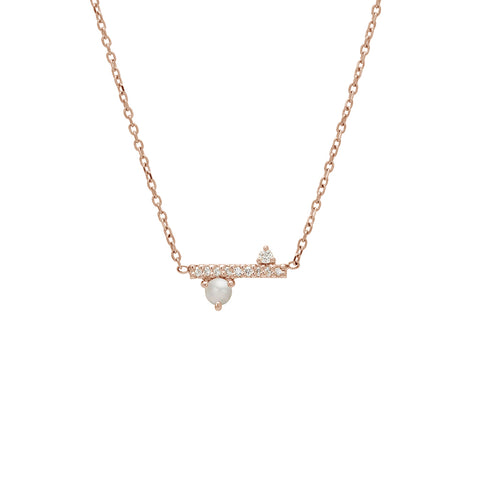 A straight line of white diamond pave with a pearl accent stone on one side set in a rose gold necklace chain., Rose Gold 2