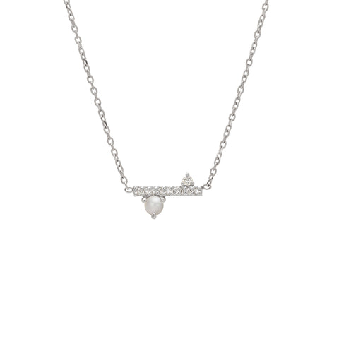 A straight line of white diamond pave with a pearl accent stone on one side set in a white gold necklace chain., White Gold 3