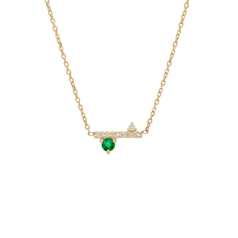 A straight line of white diamond pave with emerald accent stones on either side set in a yellow gold necklace chain., Yellow Gold 2