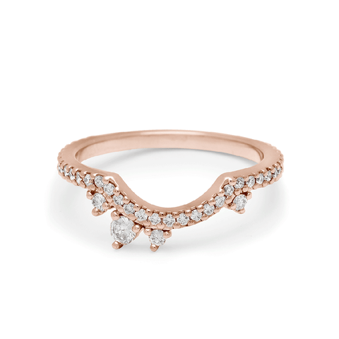 An asymetrical white diamond scalloped band with dusted white diamond around the band set in rose gold., Rose Gold 3