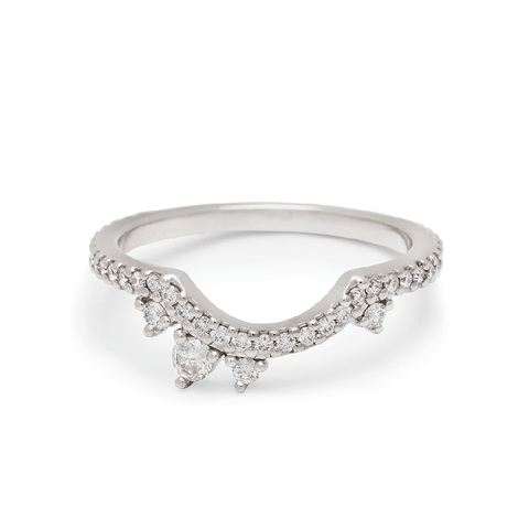 An asymetrical white diamond scalloped band with dusted white diamond around the band set in white gold., White Gold