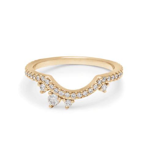 An asymetrical white diamond scalloped band with dusted white diamond around the band set in yellow gold., Yellow Gold 2