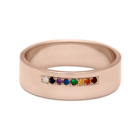 A 5mm flat band with a line of rainbow colored stones set in rose gold., Rose Gold 2