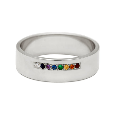 A 5mm flat band with a line of rainbow colored stones set in white gold., White Gold 3