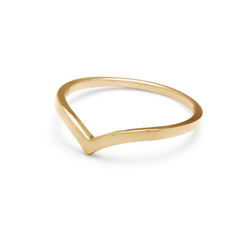 Angled view of a solid gold band in a pointed shape set in yellow gold.